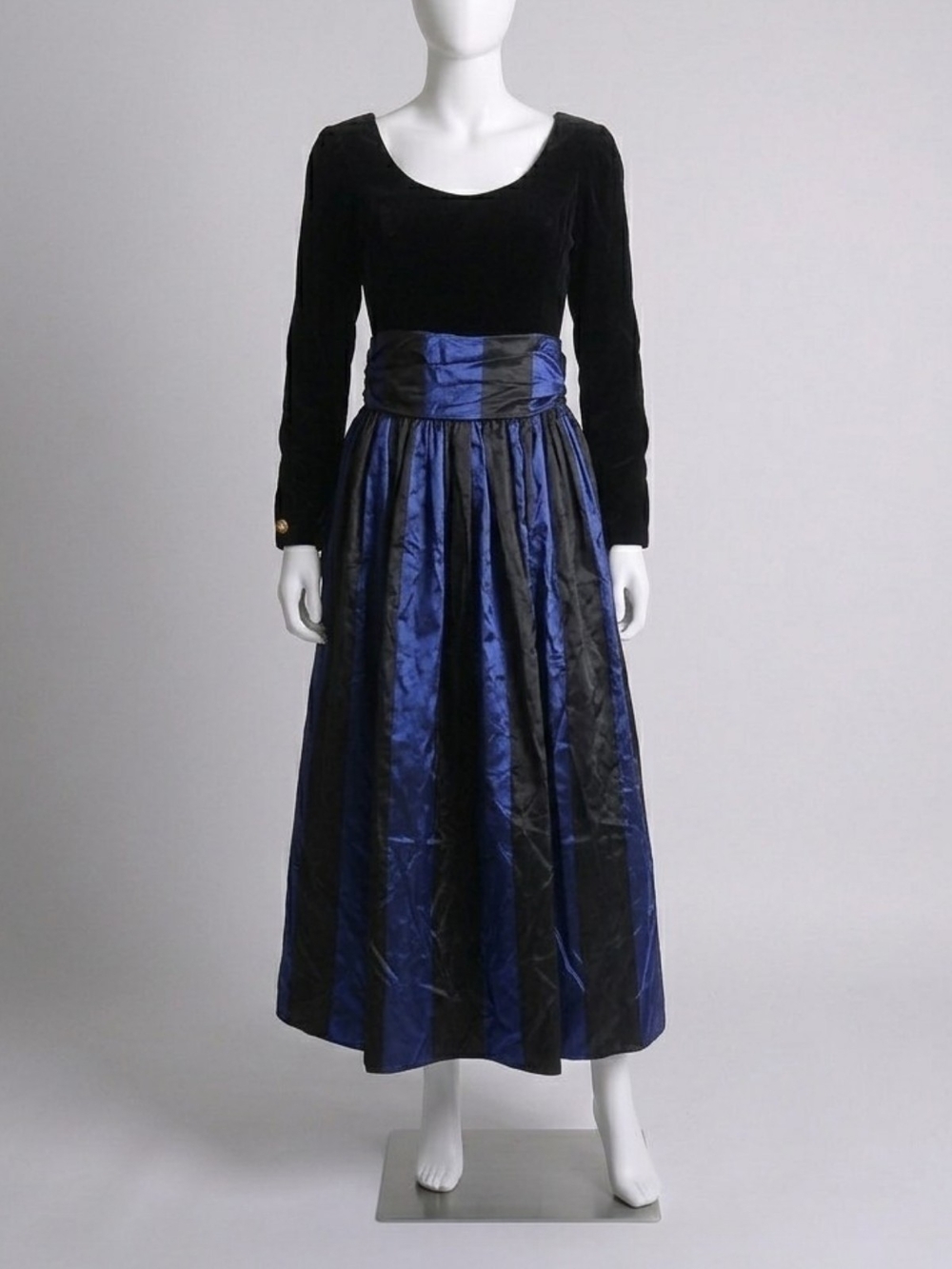 Vintage Laura Ashley Black and Navy Velvet/Taffeta  Striped Midi Dress Womens 10